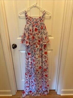 Floral Halter Maxi Dress in White and Coral